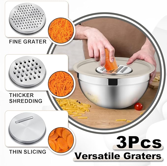 P&P CHEF Mixing Bowls with Lids Set of 6, Stainless Steel Nesting Salad Bowl & 3 Grater Attachments for Prepping Storing, 4.6/2.6/2/1.5/1/0.7 QT, Khaki