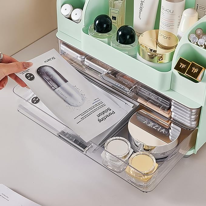 Makeup Organizer with Drawers for Vanity,Bathroom Countertop Organizer with Brushes Holder,Skincare Storage Organizer,Perfect Cosmetic Display Case for Skincare,Lipstick and Beauty Essential (Green)