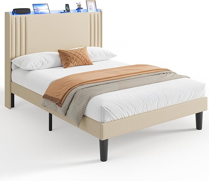 Gizoon Full Bed Frame with Charging Station and LED Lights,Upholstered Wingback Platform Bed with Wooden Slats,Noise-Free,No Box Spring Needed