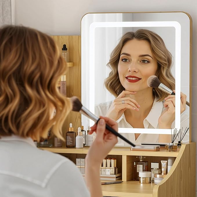 Small Vanity Desk, Makeup Vanity with Mirror and Lights, Vanity Desk with Drawer & 3 Storage Shelves, Wood Makeup Vanity Desk with Lights for Bedroom, Natural