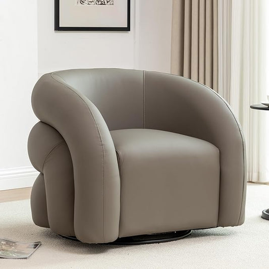 34.6" W Swivel Accent Chair, Modern Round Faux Leather Armchair for Living Room,Upholstered Comfy Sofa Chairs for Bedroom Reading Apartment Lounge,Fully Assembled(Grey)