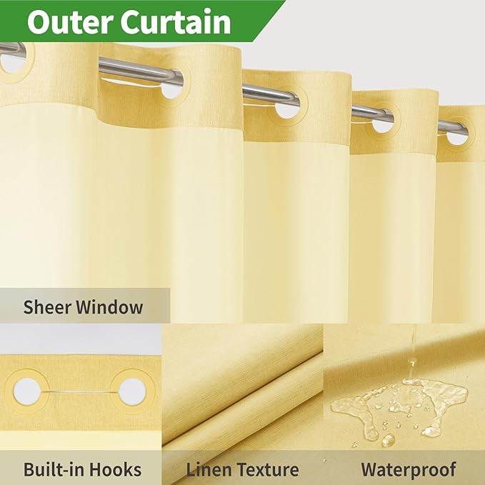 Extra Long No Hooks Needed Linen Textured Shower Curtain with Snap-in Fabric Liner Set,White Hotel Luxury Decor Shower Curtains for Bathroom,Waterproof & Washable,71Wx86H,Gold