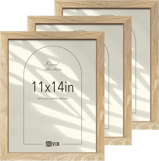 VCK 11x14 Natural Picture Frames 3 Pack, High-End Wood Wide Border Poster Frame, Multi-Directional Display Family Photos, Office Prints, Studio/Gallery/Home Artwork