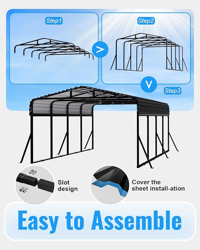 12x20 FT Metal Carport, Heavy Duty Carport with Reinforced Frame & Side Support Poles for All-Weather, Outdoor Car Port Suitable for Parking Pickup, Boat, Car, and Tractor