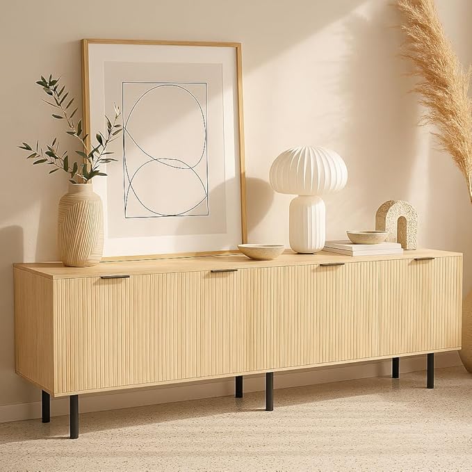 Oak TV Stand for TVs up to 80 Inch,Mid Century Modern TV Console,TV Stands for Living Room & Bedroom,Entertainment Center with Storage,Entertainment Stand,TV Cabinet for 55,60,65,70,72,75,80 Inch TV