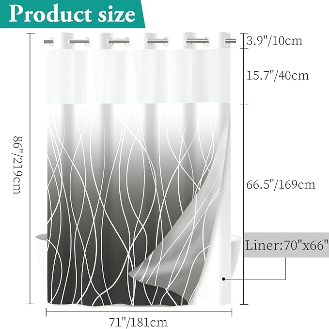 No Hook Ombre Dark Grey Striped Long Shower Curtain with Snap in Fabric Liner Set - Hotel Shower Curtain and Liner Set with See Through Mesh Top Window,Machine Washable, 71x86 INCH