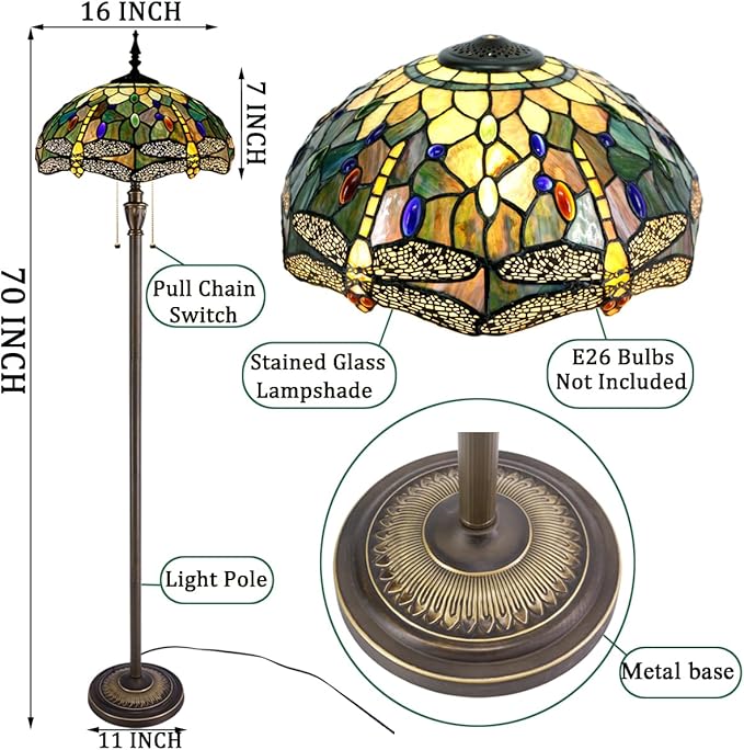 Tiffany Floor Lamp Stained Glass Lamp Standing Reading Light 16x16x70 Inch for Living Room (Amber Yellow Dragonfly)