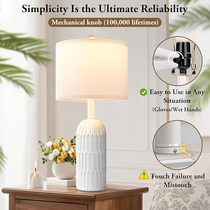 22.5" White Modern Table Lamps Set of 2 for Living Room Bedroom, Farmhouse Vintage Bedside Table Lamps with White Linen Shade, Rustic Bedroom Table Lamp for Nightstand Home Office End Table Dorm