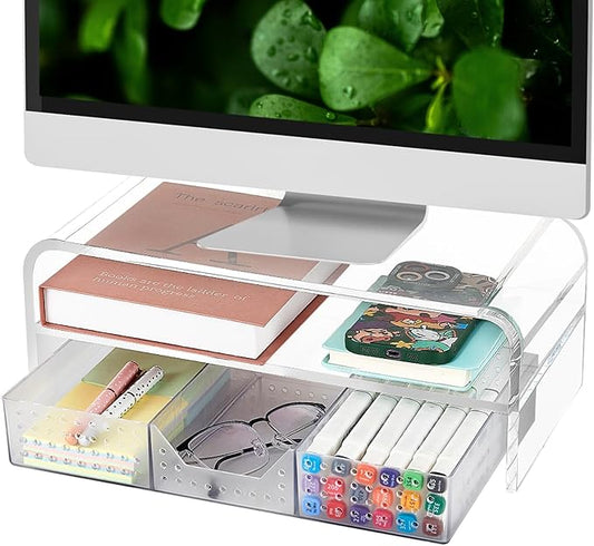 Acrylic Clear Desk Organizers and Accessories, 2-Tier Computer Monitor Stand Riser with Drawer, Laptop Stand, Office Desk Accessories for Office Supplies, Transparent