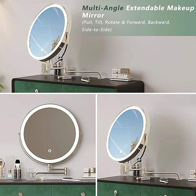 Vanity Desk with Adjustable Mirror and Lights, Makeup Vanity with 2 Drawers and Chair, Small Dressing Table with Leather Surface for Bedroom, 3 Lighting Modes