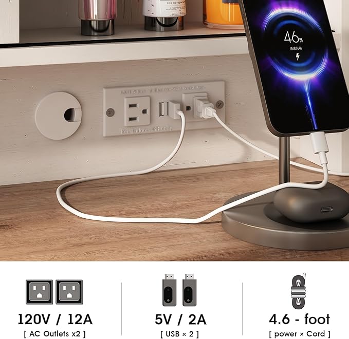 Fameill 45.5'' Farmhouse Makeup Vanity Desk with Sliding Mirror, Vanity Table with 3 Drawers and 2 Cabinets, Charging Station & LED Lights, Storage Shelves, Stool Included, Dressing Table for Bedroom