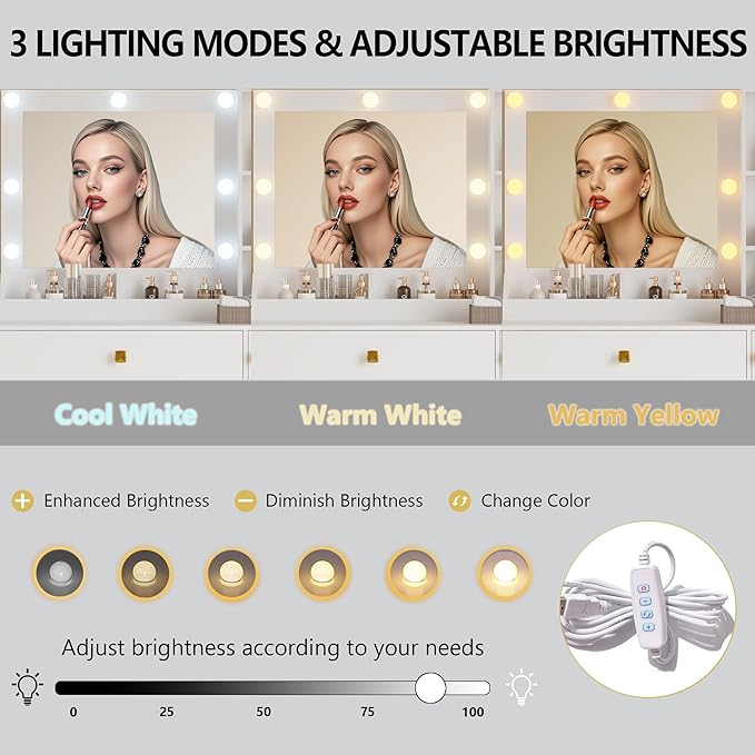 Vanity Desk with Mirror and Lights, Small Makeup Vanity Table with RGB Storage Cabinet & Power Strips & Shelves, 3 Lighting Modes & Adjustable Brightness, Dressing Table for Women Girls Bedroom, White