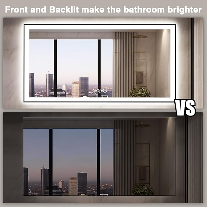 60x28 LED Bathroom Mirror for Wall - Black Aluminum Framed (Front and Backlit), Anti-Fog Vanity Mirror with Lighting, Stepless Dimmable, 3 Colors Smart Design (Horizontal/Vertical)