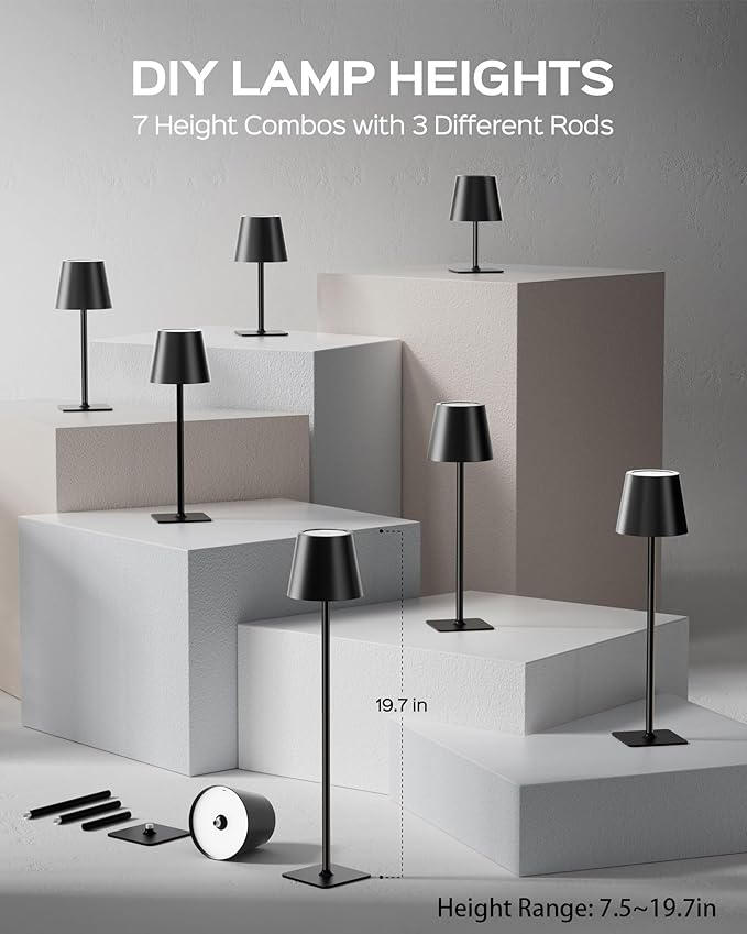 JACKYLED Cordless Lamp DIY Height, 3 Color Stepless Dimming, 5000mAh Battery Operated Lamp Portable Rechargeable for Bedroom Dinning Kitchen Metal Black, 2 Pack