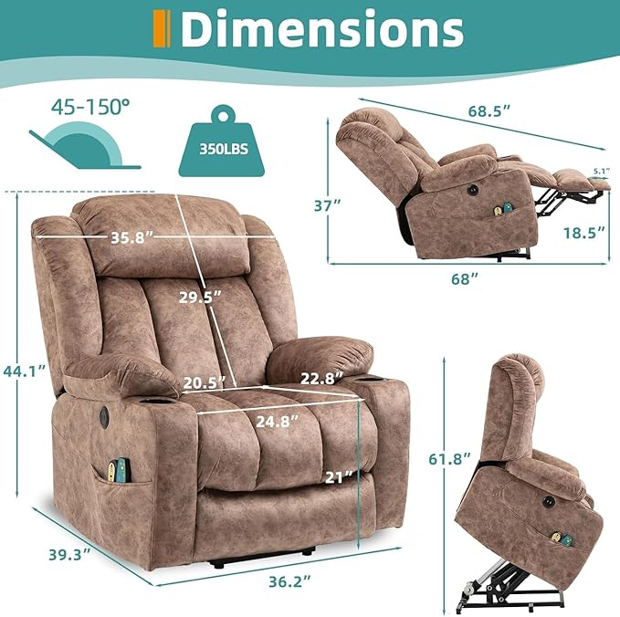 MEETWARM Large Power Lift Electric Recliner Chair with Extended Footrest for Big Tall Man, Overstuffed Wide Recliner with Heat and Massage, 2 Remote Controls/4 Side Pockets/USB Ports(Plush-Brown)