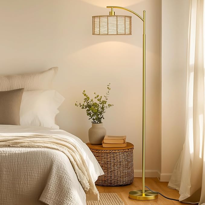 Oneach 62.5" Arc Floor Lamp for Living Room, Rattan Boho Floor Lamp with Gold Metal Base, Double Shades, Farmhouse Rustic Modern Standing Lamp for Bedroom Office Corner