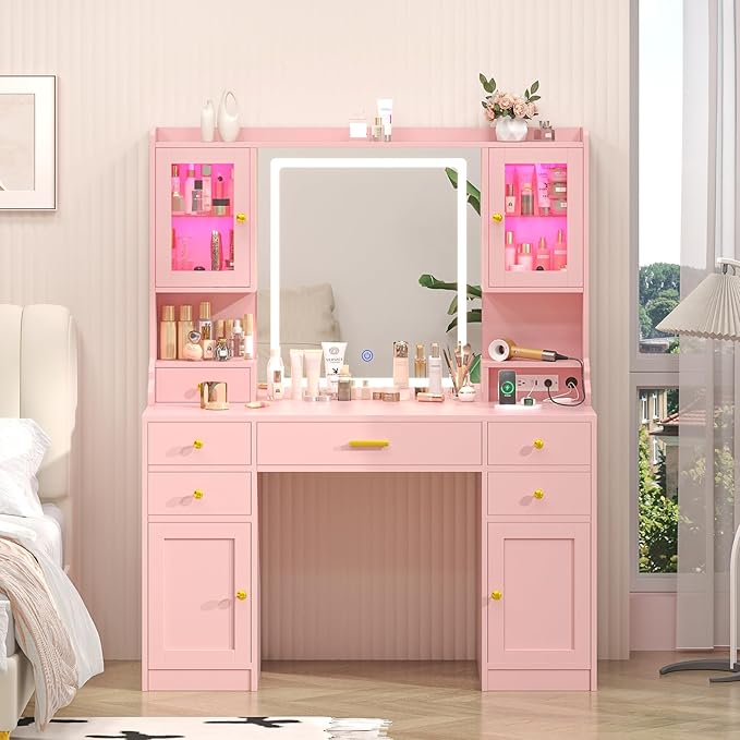 Vanity Desk with Mirror and Lights, Makeup Vanity Table with Power Outlet, Dressing Vanity Table Set with 6 Drawers & 4 Cabinets, 3 Color Modes & Brightness Adjusted, for Bedroom Room, Pink