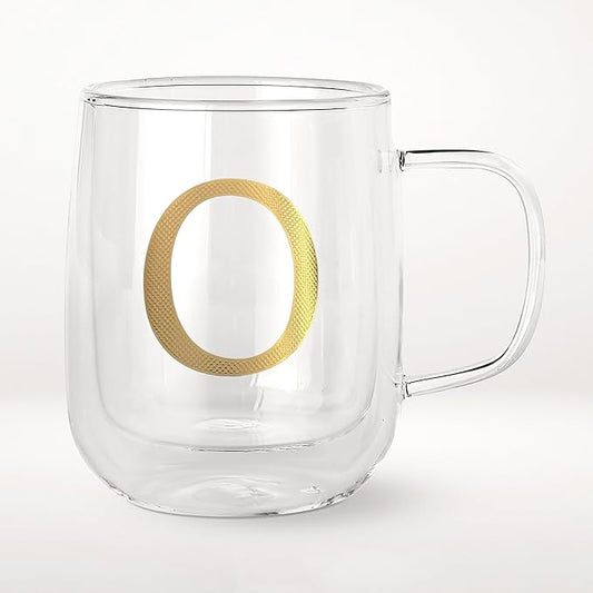 COLLECTIVE HOME - Double Walled Glass Coffee Mugs, Insulated Coffee Mug with Handle, Personalized Gifts for Women, Men, Christmas, 14 oz Monogram Cups (O)