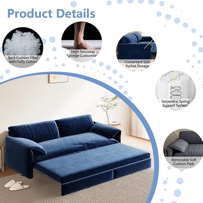 66-Inch Queen Size Convertible Sleeper Sofa Bed, 3-in-1 Pull-Out Futon Loveseat, Velvet Love Seat Couch with Side Pocket for Living Room, Office, Apartment, RV, Hide-A-Bed Fold Out Sofa&Couch