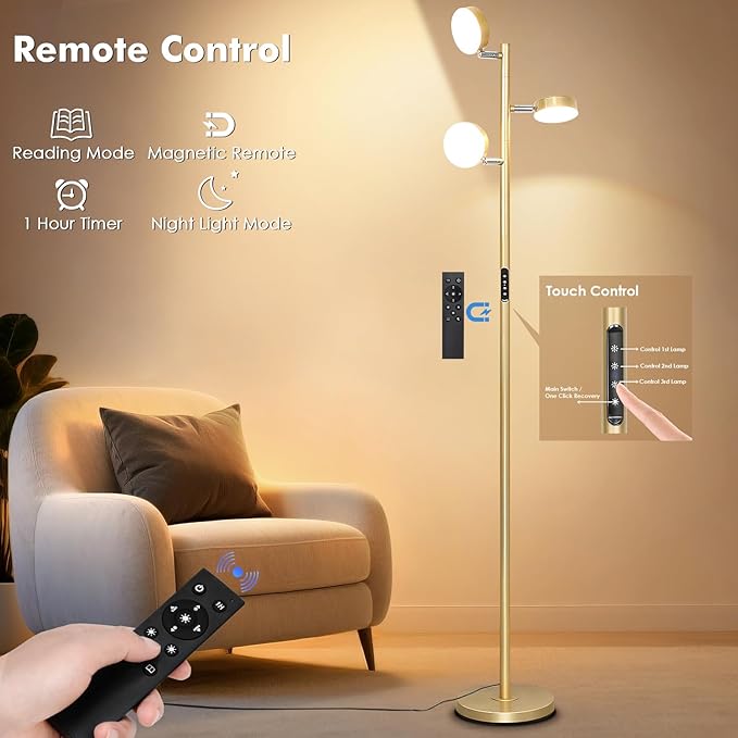 Tree Floor Lamp for Living Room - Modern Glod Standing Lamp, LED Floor Light with Remote & Touch, 3000K-6000K Dimmable for Bedroom Office Reading (3 Head)