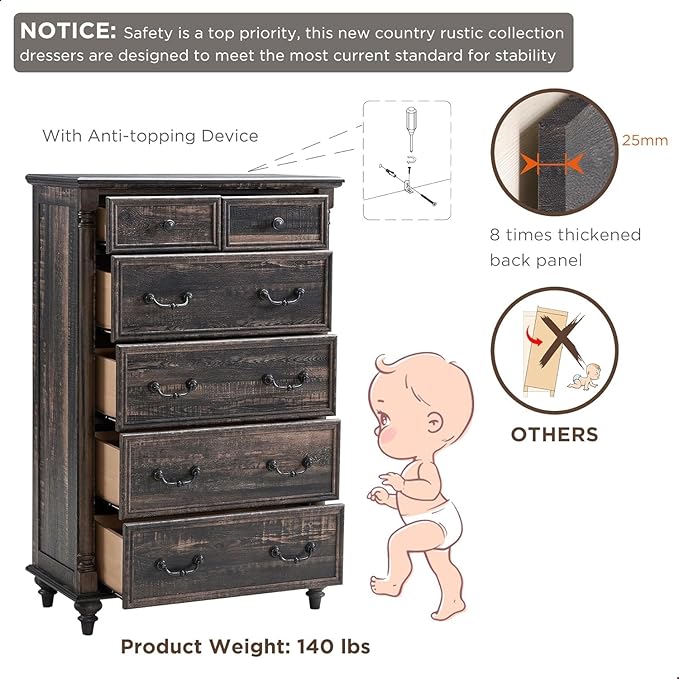 T4TREAM Farmhouse 6 Drawers Dresser Chests for Bedroom w/4 Solid Wood Feet & Column Decor, Tall Wood Country Rustic Chest of Drawers, Storage Dressers for Bedroom, Living Room, Dark Rustic Oak