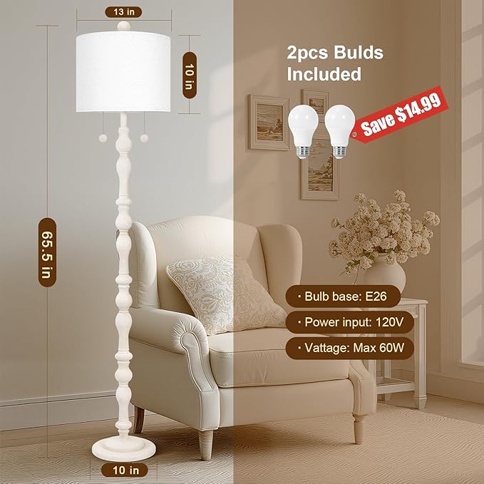 65.5” Natural Real Wood Floor Lamp for Living Room Bedroom, Dual S Cluster Socket, Pull Chains Switch, Farmhouse Tall Standing Lamp with Linen Shade for Home Room Decor (Bulbs Included)