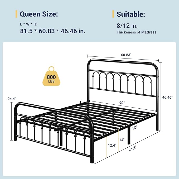 Allewie 14 Inches Queen Size Metal Platform Bed Frame with Victorian Style Curved Iron-Art Headboard/Footboard, Metal Slats Support, Easy Assembly, Under Bed Storage, No Box Spring Required, Black