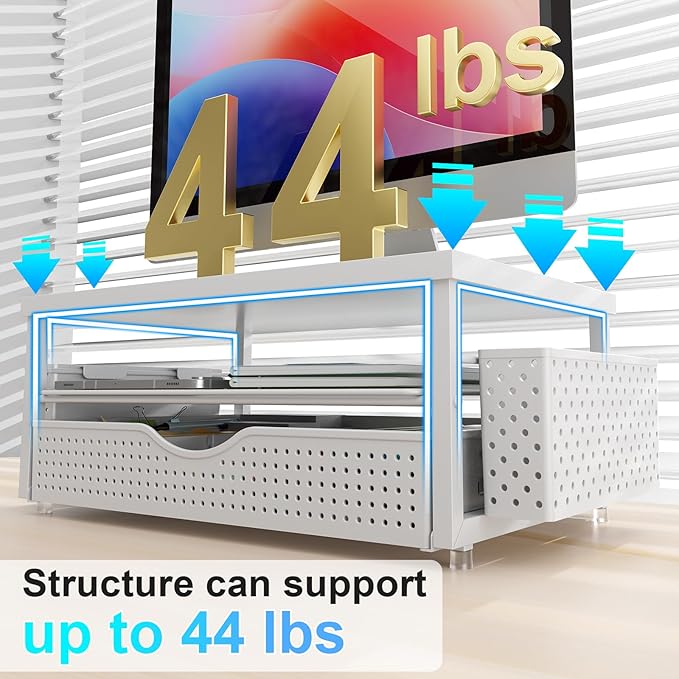 gianotter Wood Monitor Stand Riser, Office Desk Shelf Organizer, Desk Organizer with Drawer and Pen Holder, 2-Tier Computer Stand, Office Organization (Matte White)