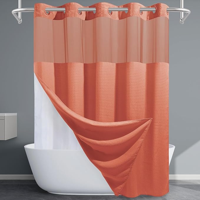 Coral Hotel Shower Curtain with Detachable Liner - 230GSM Waffle Textured,Hotel Grade,Spa Like Bath Curtain,71W x 74H