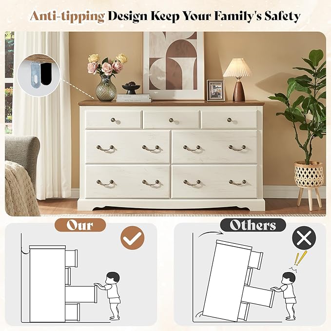 AMERLIFE 7 Drawers Dresser for Bedroom, Farmhouse Chest of Drawers with Vintage Metal Handle, Wooden Dresser Organizer for Hallway, White+Barnwood