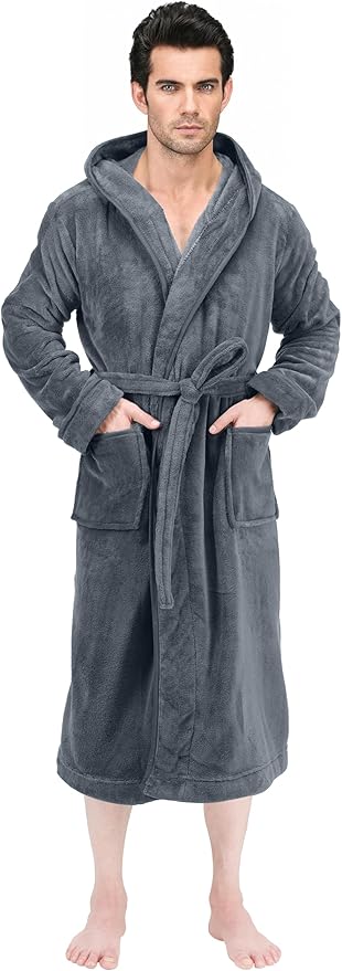 NY Threads Mens Robe with Hood, Luxury Plush Fleece Hooded Mens Bathrobe, Spa Bath Robe for Men