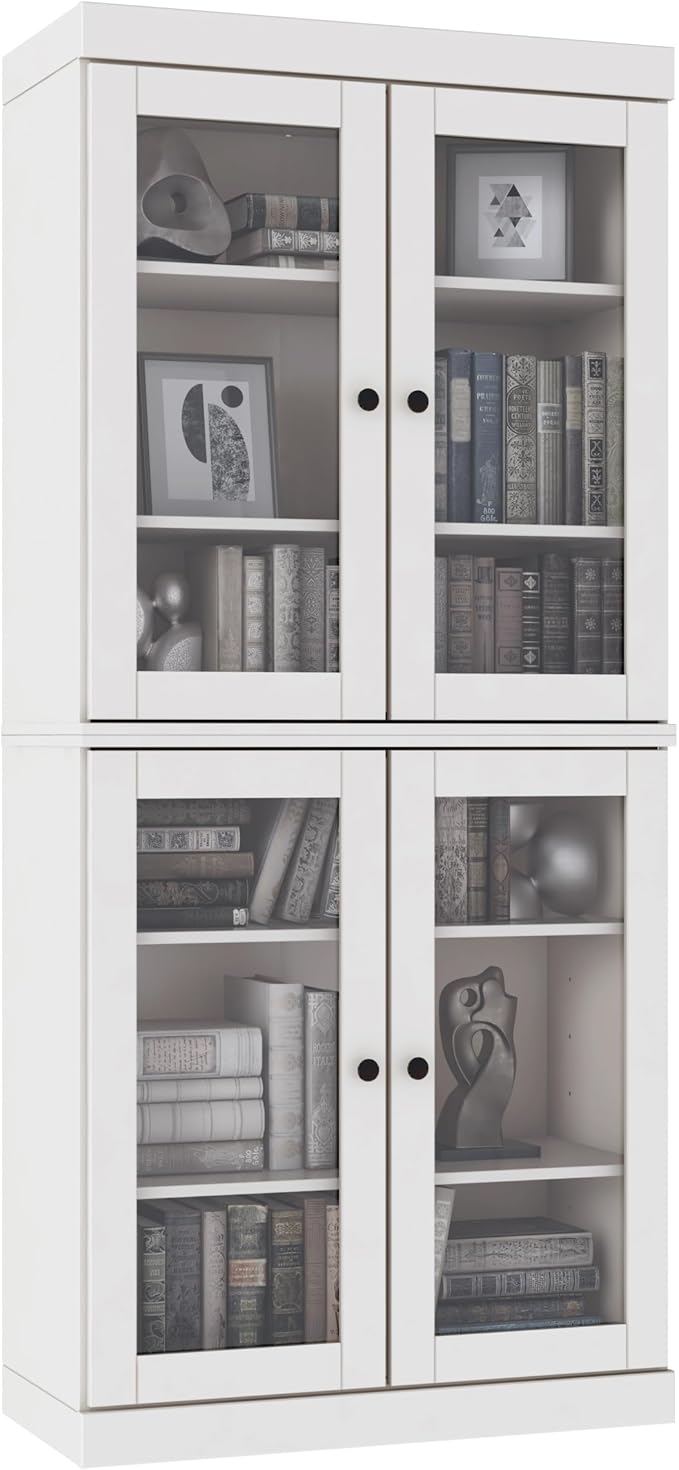 Palace Imports Solid Wood Bookcase - 6-Tier Tall Bookshelf, 71.5” H x 32” W - White, Clear Glass Cabinet Doors & Adjustable Shelves for Living Room, 100% Renewable Eco-Friendly Wood, Made in Brazil