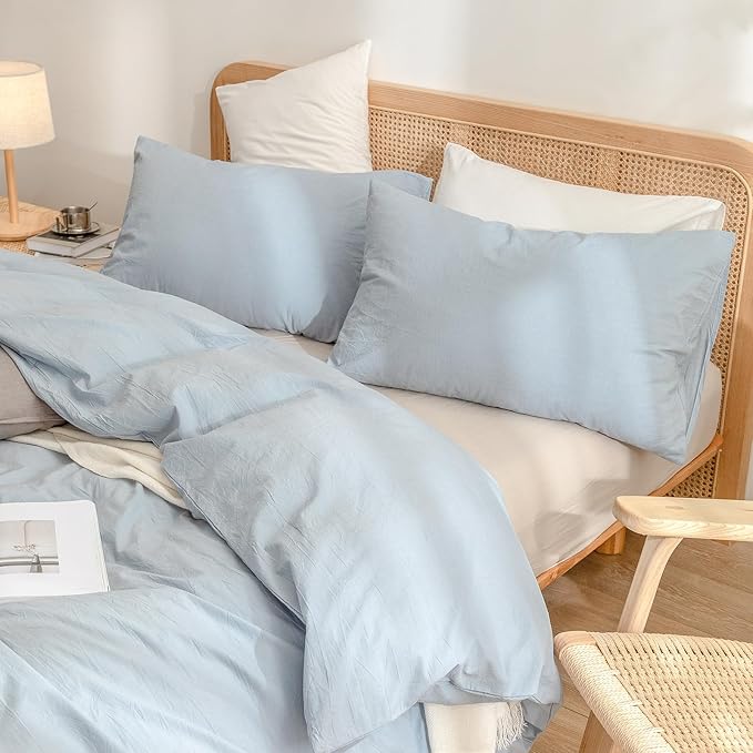 BESTOUCH Duvet Cover Set 100% Washed Cotton Linen Feel Super Soft Comfortable Chic Lightweight 3 PCs Home Bedding Set Solid Cornflower Blue Oversized King