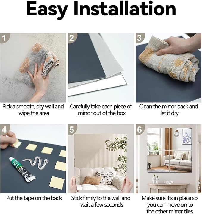 Glass Mirror Tiles for Wall 12" x 12" Frameless Full Length Mirror Wall Mounted Full Body Mirrors for Bedroom Home Gym Door Bathroom (8PCS)