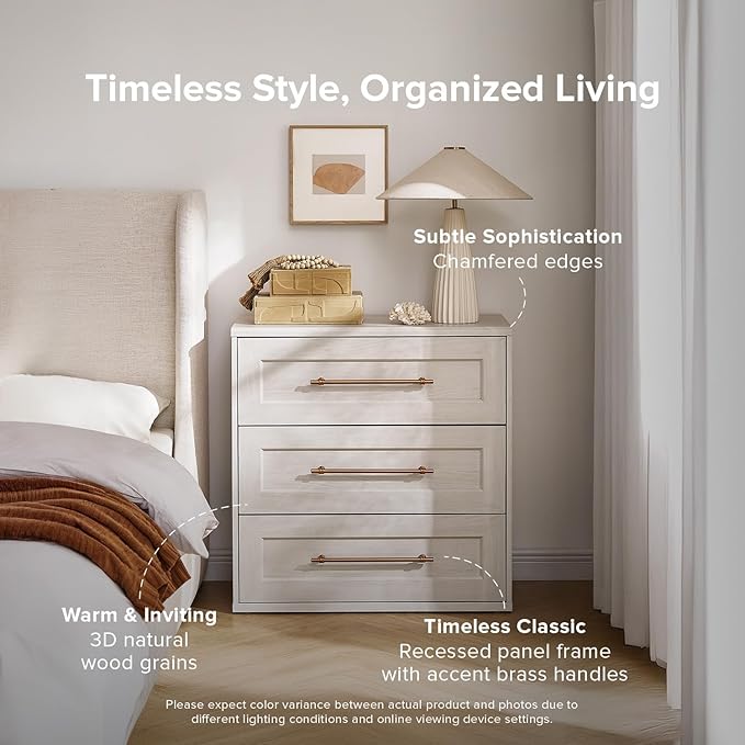 mopio Blake 3 Drawer Dresser for Bedroom, Chest of Drawers, Wood Dresser Organizer, Modern Farmhouse, Tall Night Stand, Enhanced Safety, Sturdy Compliant (1, White Oak, One Size)