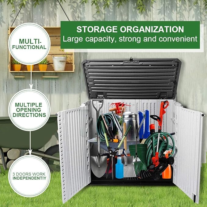 Horizontal Outdoor Garden Storage Shed for Backyards and Patios, Plastic Storage Box Waterproof, Small Shed 26 Cubic Feet Capacity for Bike, Garbage Cans, Lawn Mower, Tools and Garden Accessories