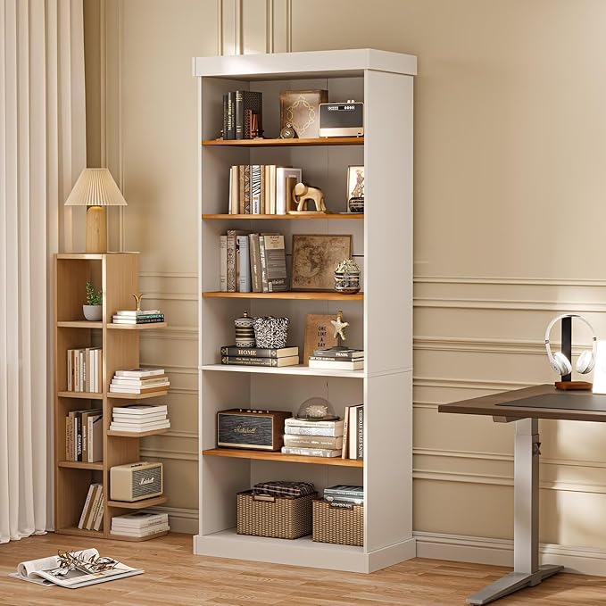 Vyre 70.8" Tall White Bookshelf, Farmhouse Modular Bookcase with 6-Tier Adjustable Shelves, Large Storage Cabinet for Home Office, Living Room, Set of 2