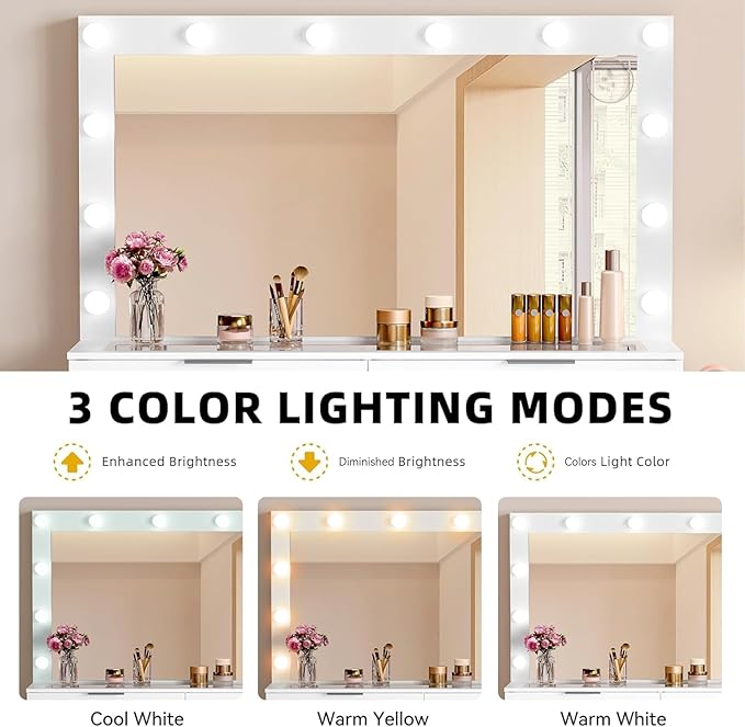 DWVO 46'' Glass Top Makeup Vanity with 10 Drawers, Vanity Desk Set with Large LED Mirror, Built-in Charging Station & Cushioned Storage Chair, Dressing Table with 3-Color Light Modes, Cream White