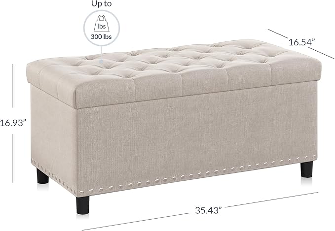 BELLEZE 35" Tufted Ottoman, Storage Bench with Safety Close Hinge, Ottoman with Storage for Living Room, Entryway, Hallway, Foot Rest, Support 300lbs - Beige