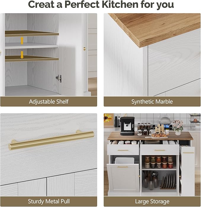 4 EVER WINNER Kitchen Island with Trash Can Storage, Rolling Kitchen Cart on Wheels with Spice Rack & Towel Rack, Movable Island for Kitchen, White