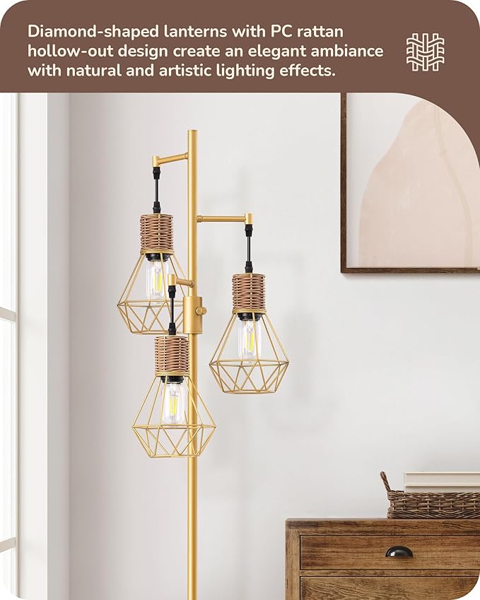 EDISHINE Dimmable Industrial Floor Lamp, Farmhouse Standing Lamp for Living Room with 3 LED Edison Bulbs, Diamond-Shaped Cage, Corner Rustic Rattan Reading Lamps for Bedroom, Office, Gold