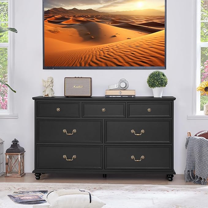Farmhouse 54" 7 Drawers Dresser for Bedroom, Wide Chest of Drawers w/ 4 Wooden Legs, Vintage Large Closet Storage Dressers Organizer for Hallway, Wood Rustic TV Stand for Living Room, Black