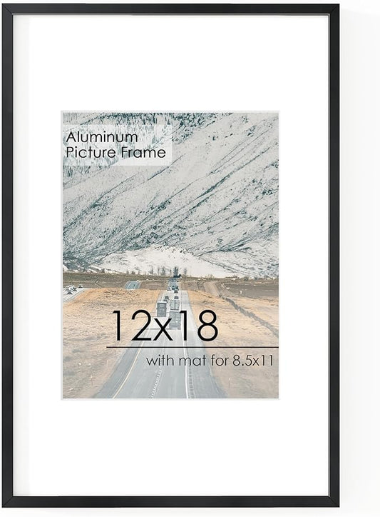 12x18 Metal Picture Frame for Wall With Mat for 8.5x11, 12''x18'' Aluminum Photo Frames With Tempered Glass for Home Decor, Minimalist Modern Poster Frame Horizontal And Vertical Formats, Black