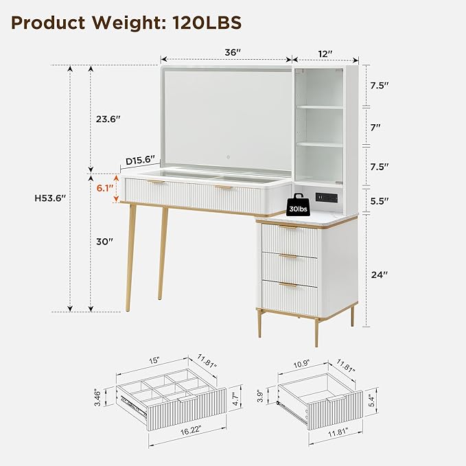 T4TREAM Fluted Makeup Vanity Desk with 36" HD Lighted Mirror, 48" Big Modern Vanity Desk with Mirror and Lights, Dressing Table with 5 Drawers & Shelves, Glass Top for Bedroom (Off White)