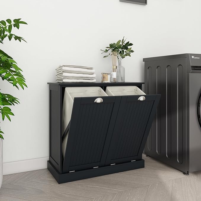 Tilt Out Laundry Hamper Cabinet with Removable Basket, Double Hidden Laundry Hamper Cabinet, Wood Bathroom Storage Cabinet, Free Standing Home Organizer, (Black)