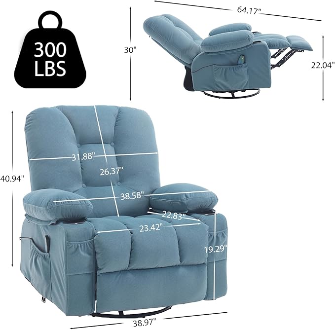 Rocker Recliner Chair for Adults, Recliners with Massage and Heat, Fabric Overstuffed Swivel Glider with Cup Holder Side Pocket, Manual Reclining Sofa Chair for Living Room,Blue