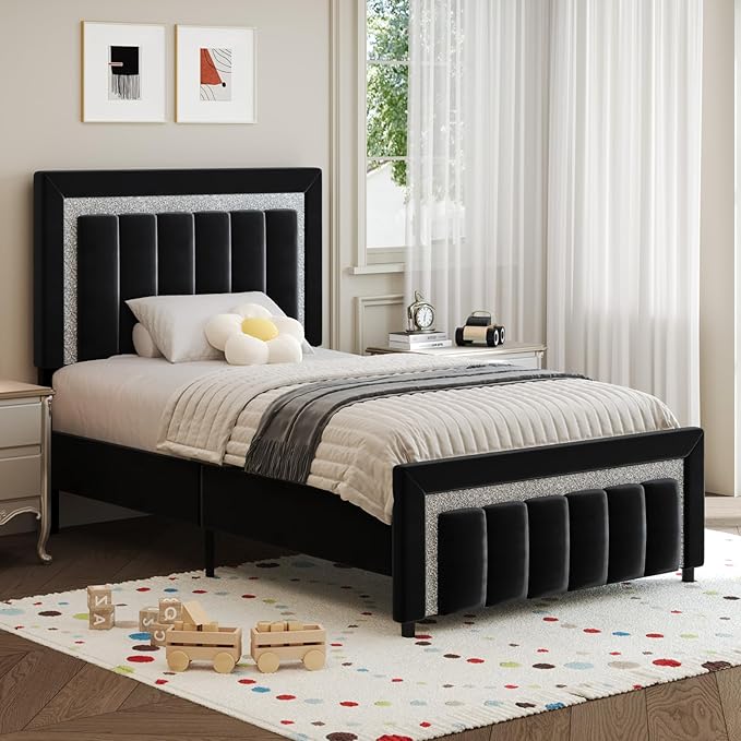 HOMBCK Twin Bed Frame with Headboard and Footboard, Upholstered Bed with Diamond Velvet Design, Kids Bed Frame with Wooden Slats Support, No Box Spring Needed, Easy Assembly, Black