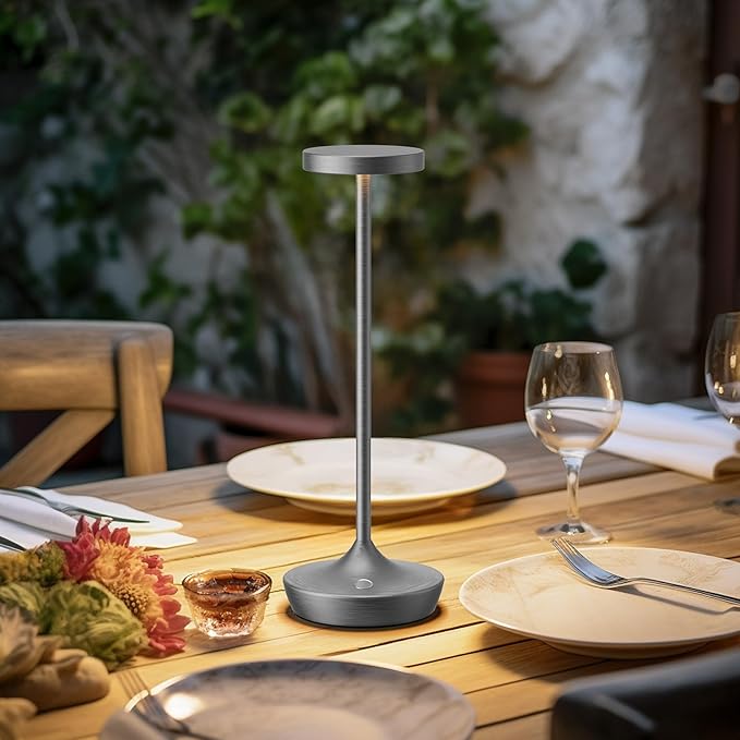 Cordless Table Lamp, Rechargeable Battery Operated LED Desk Lamp, 3-Color Stepless Dimming, Portable & Waterproof, for Restaurants, Bedrooms, Bars, Outdoor Parties, Camping, and Cafes (Gray)