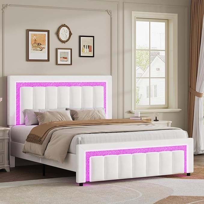 HOMBCK Bed Frame Queen Size with LED Lights and Velvet Upholstered Headboard, Queen Bed Frame with Modern Diamond Headboard Adjustable, Wooden Slats Support, Noise Free, No Box Spring Needed, White