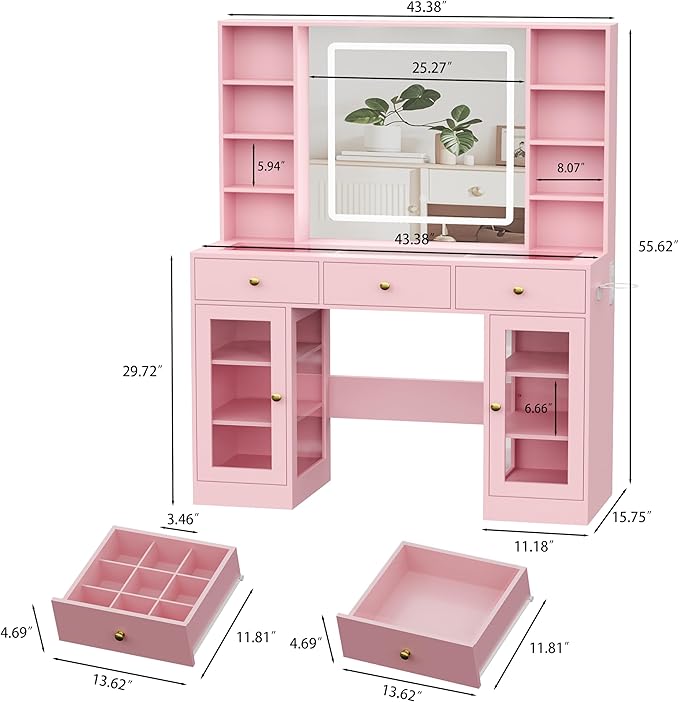 Pink Vanity Desk with Mirror and Lights, 43.4" Makeup Vanity Table Set with Lighted Mirror & RGB Glass Cabinet, 3 Drawers, Glass Top Dressing Table with Large Shelves for Girls, 3 Color Modes